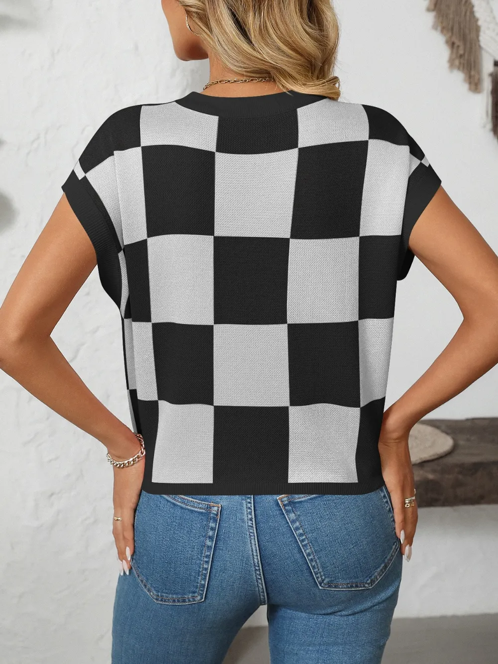 Checkered Round Neck Cap Sleeve Knit Top, image 21
