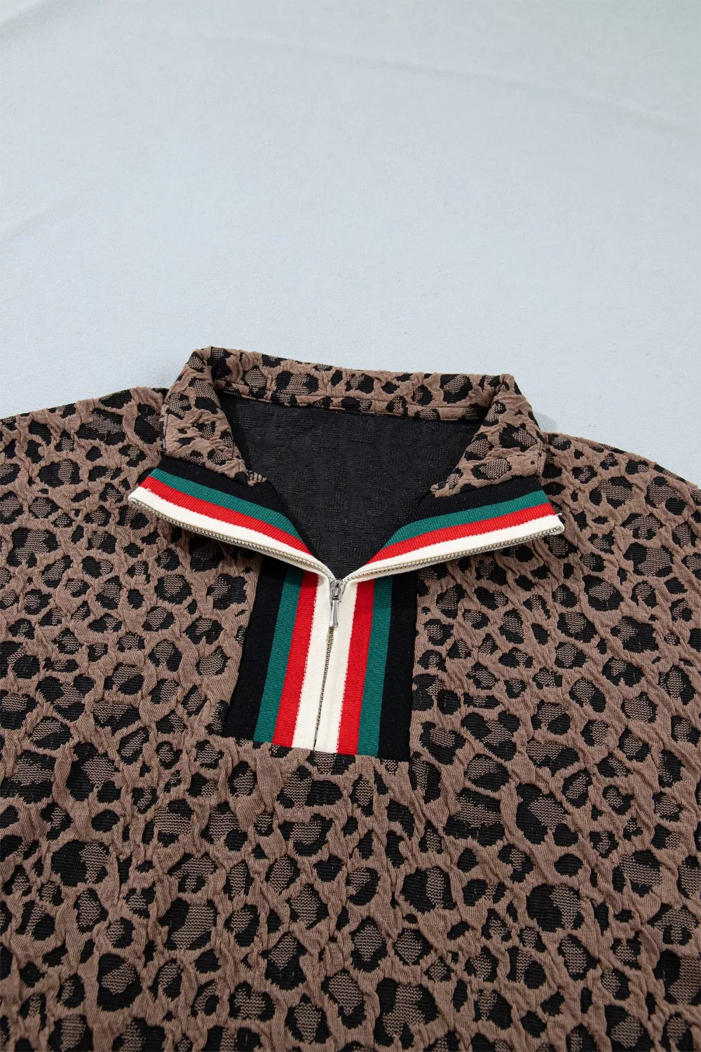 Leopard Jacquard Striped Patchwork Half Zip Short Sleeve Blouse, image 7
