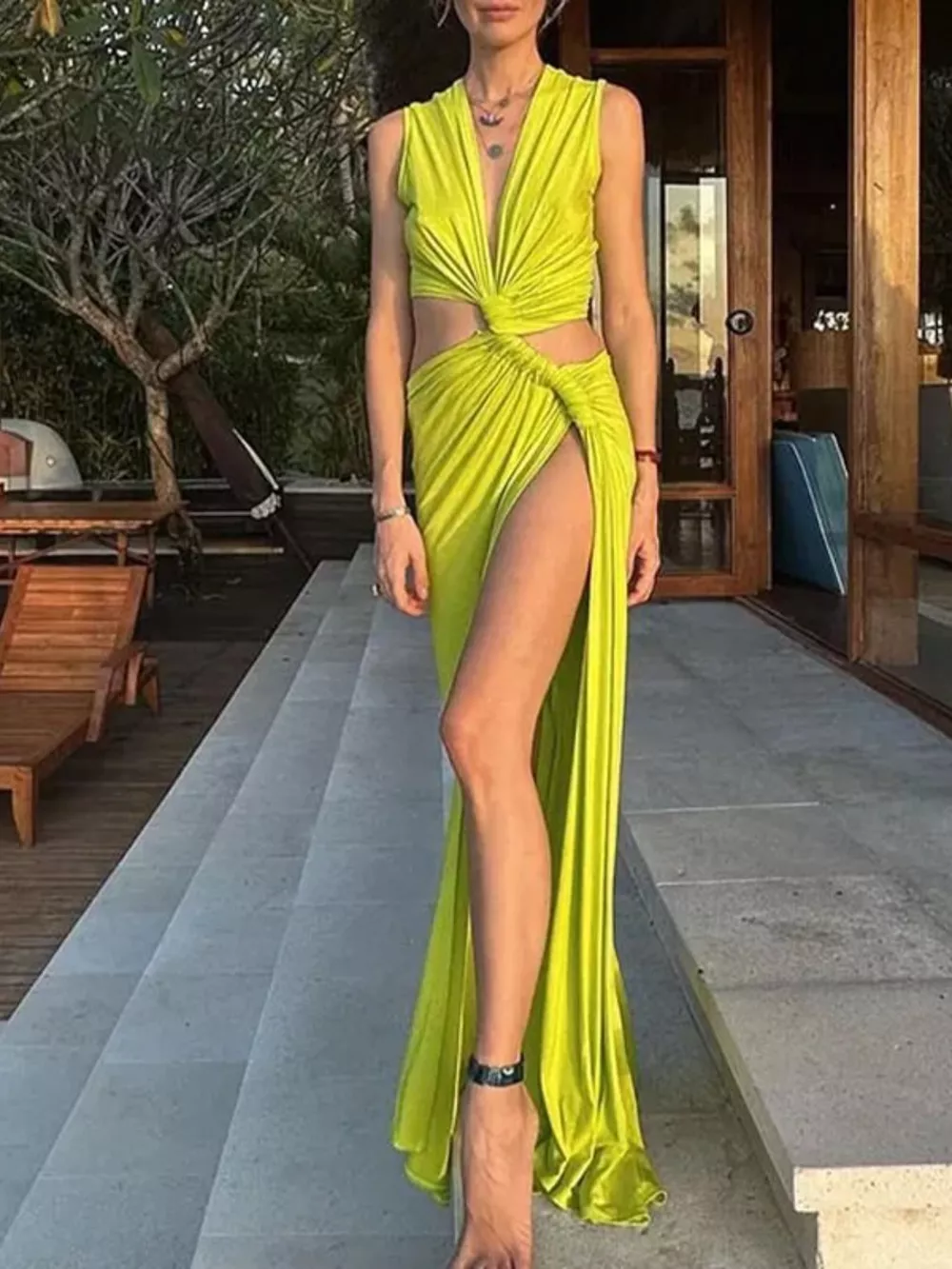 Full Size Sleeveless Plunge Knot Cutout High Slit Maxi Dress Plus Size, image 3