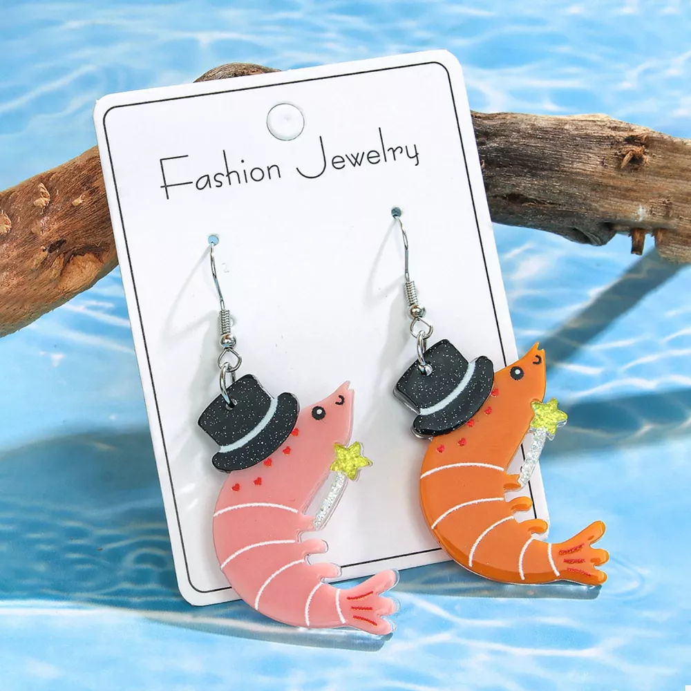 Whimsical Shrimp Earrings with Top Hats, image 3