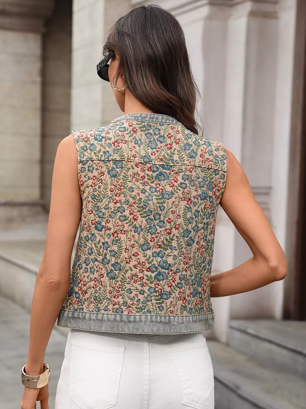 Floral Embroidered Denim Vest Top, image 4