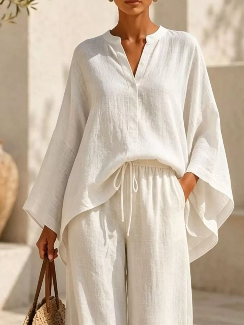 Full Size Notched Long Sleeve Top and Wide-Leg Pants Set Plus Size, image 4