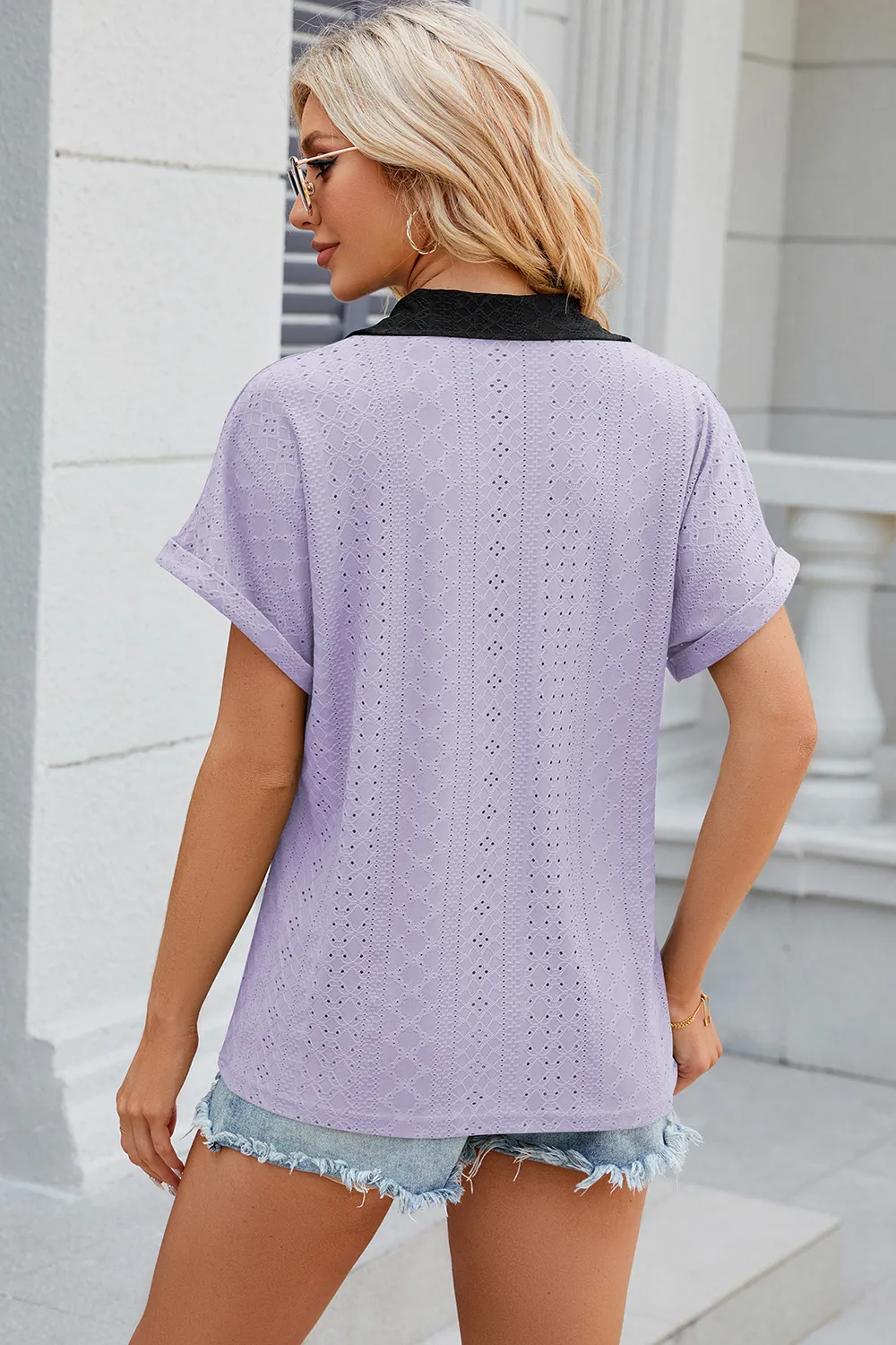 Eyelet Johnny Collar Short Sleeve T-Shirt, image 32