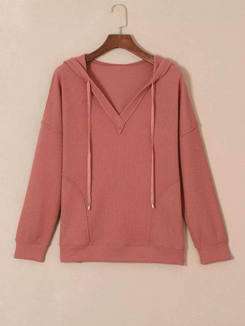 Drawstring V-Neck Waffle Knit Casual Hoodie, image 7