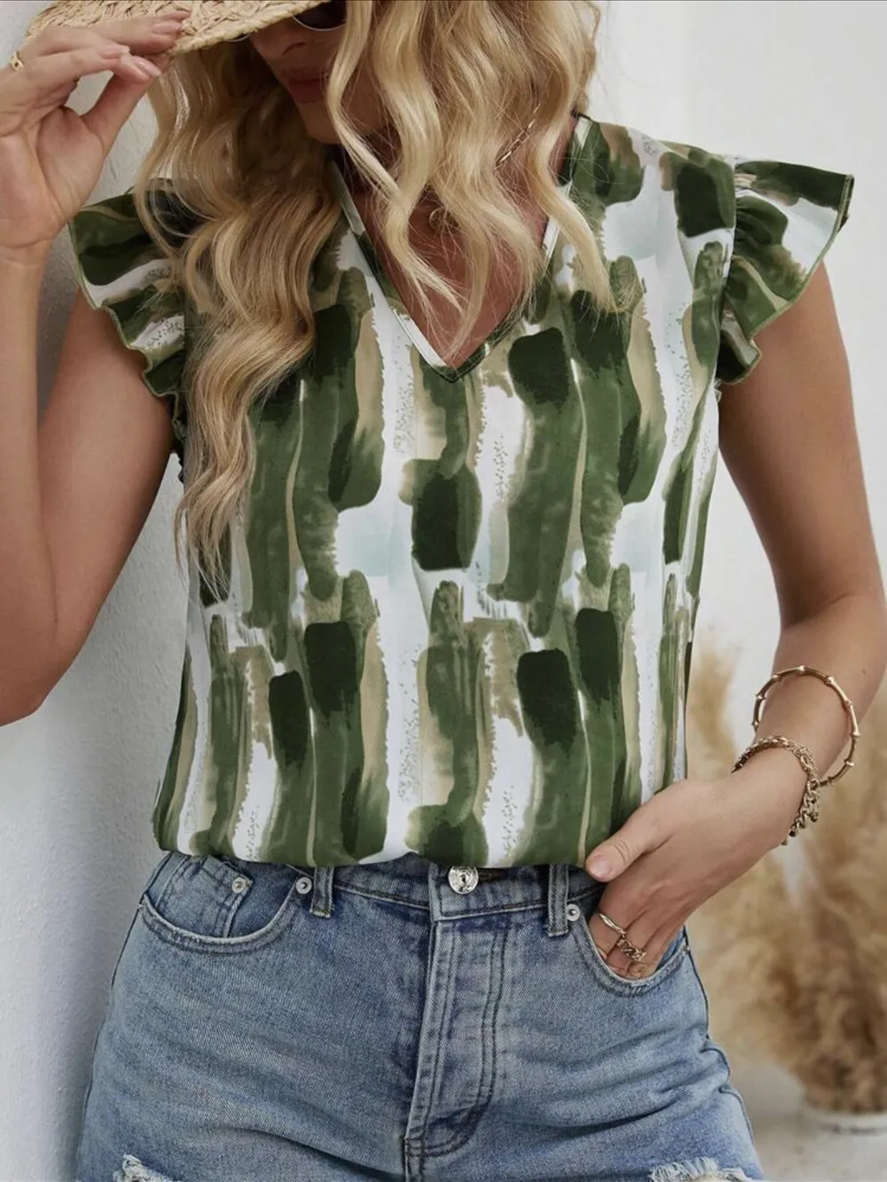 Ruffled Printed V-Neck Cap Sleeve Blouse, image 4