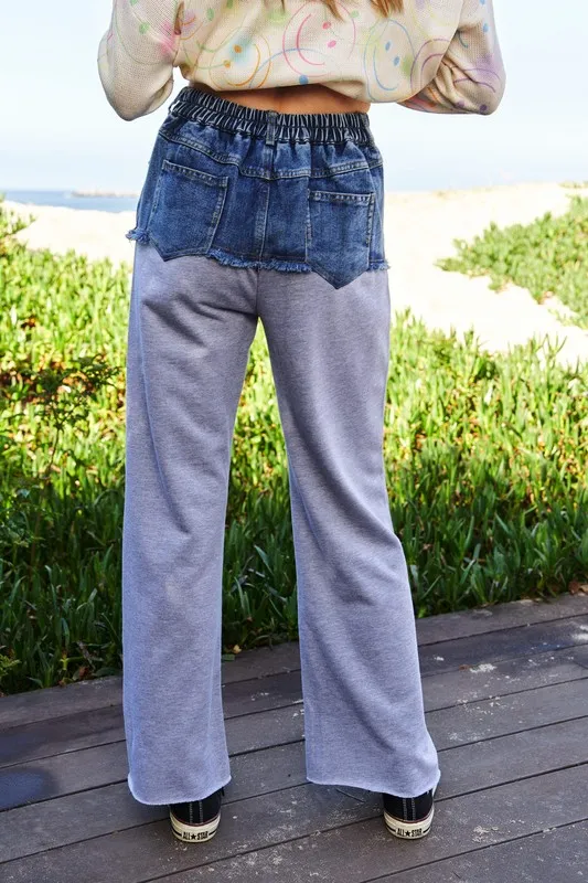 Raw Hem Denim Patchwork Wide Leg Pants, image 2