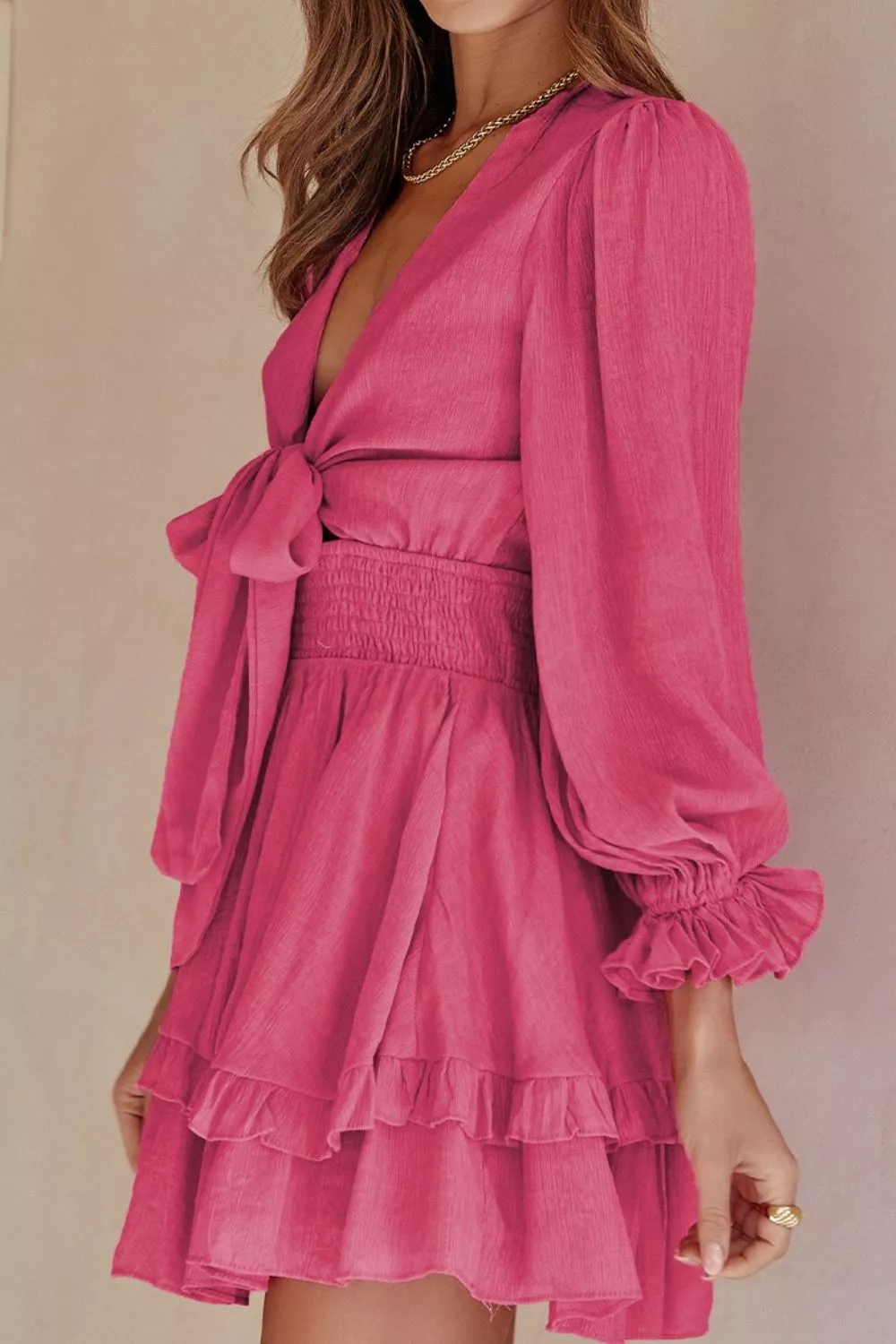 Elegant Tie-Front Ruffle Mini Dress with Smocked Wiast, image 15
