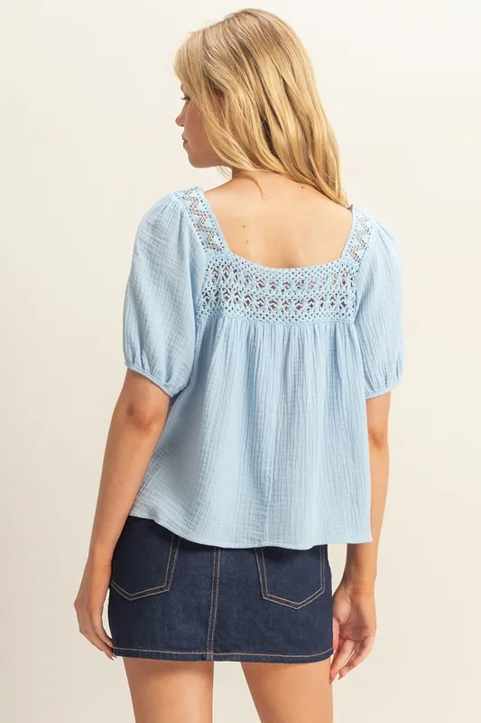 Crochet Detail Puff Sleeve Peasant Top, image 3