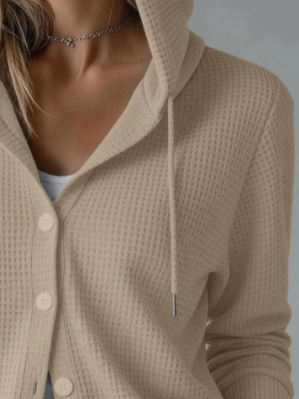 Waffle Knit Button-Down Hooded Cardigan, image 6