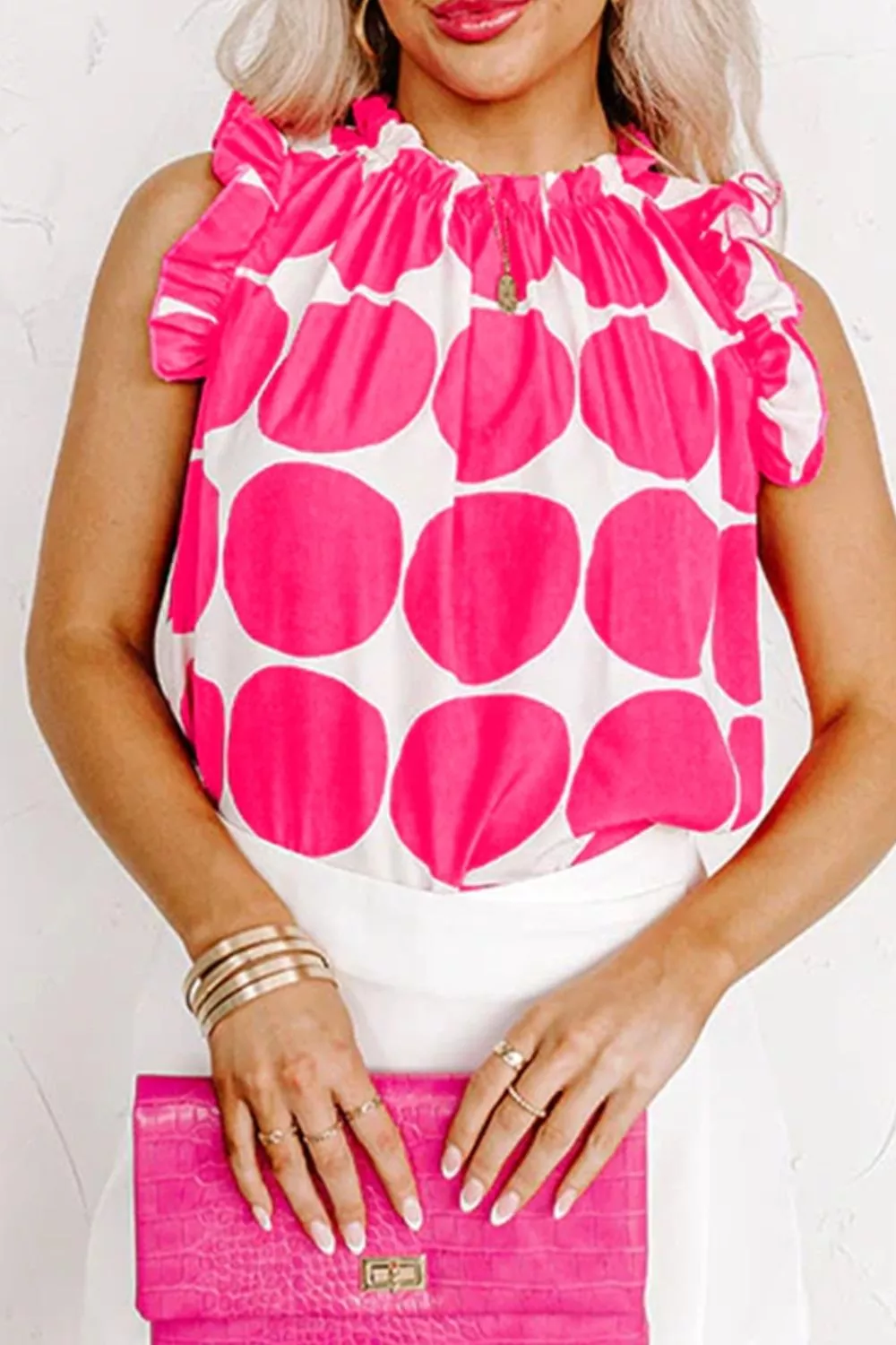 Polka Dot Print Frilled Round Neck Shift Tank Top, image 3