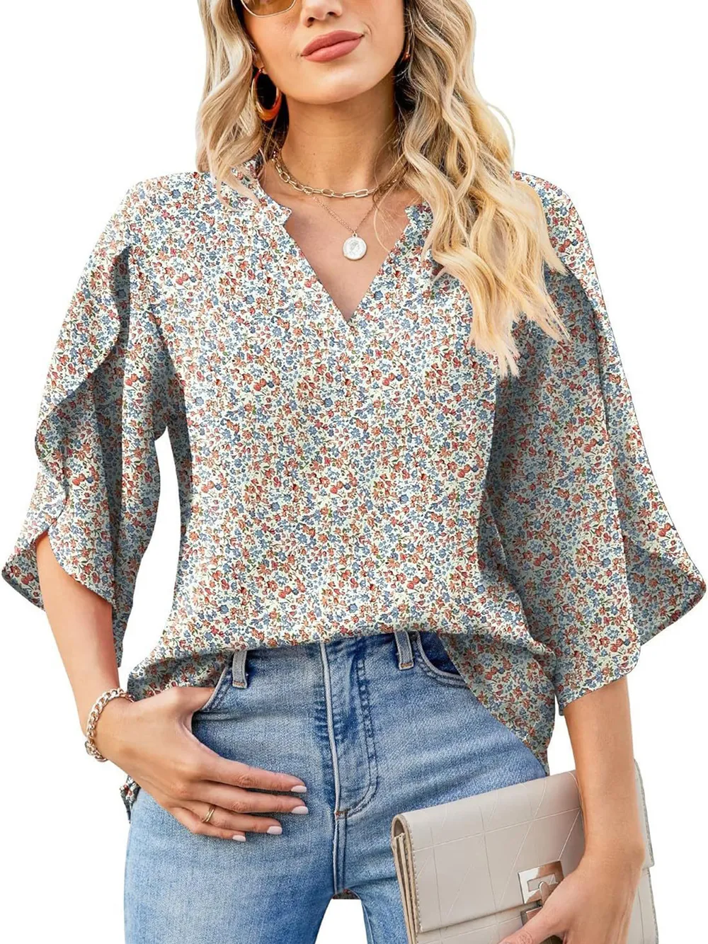 Printed Notched Half Sleeve Blouse, image 14
