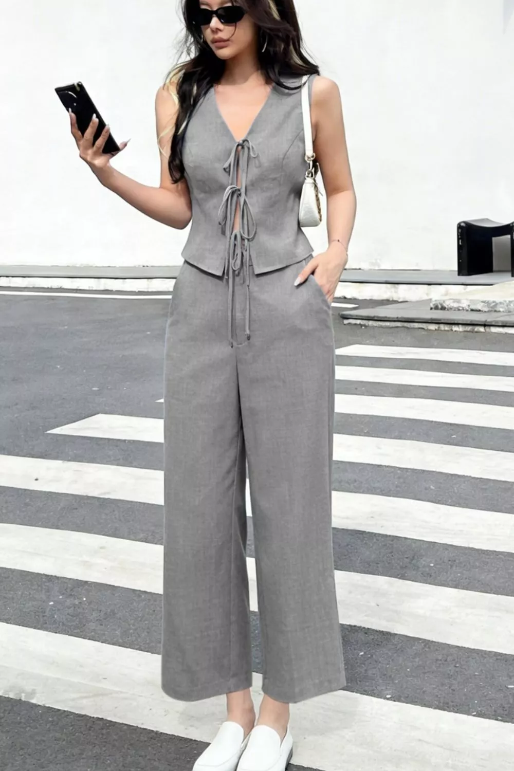 Tie Front Vest and Wide Leg Pants Set