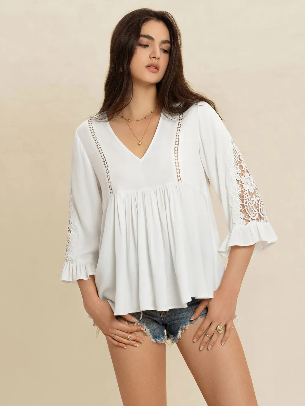 V-Neck Lace Flounce Sleeve Top
