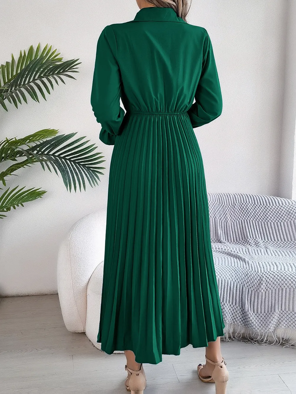 Pleated Half Button Long Sleeve Midi Dress, image 14