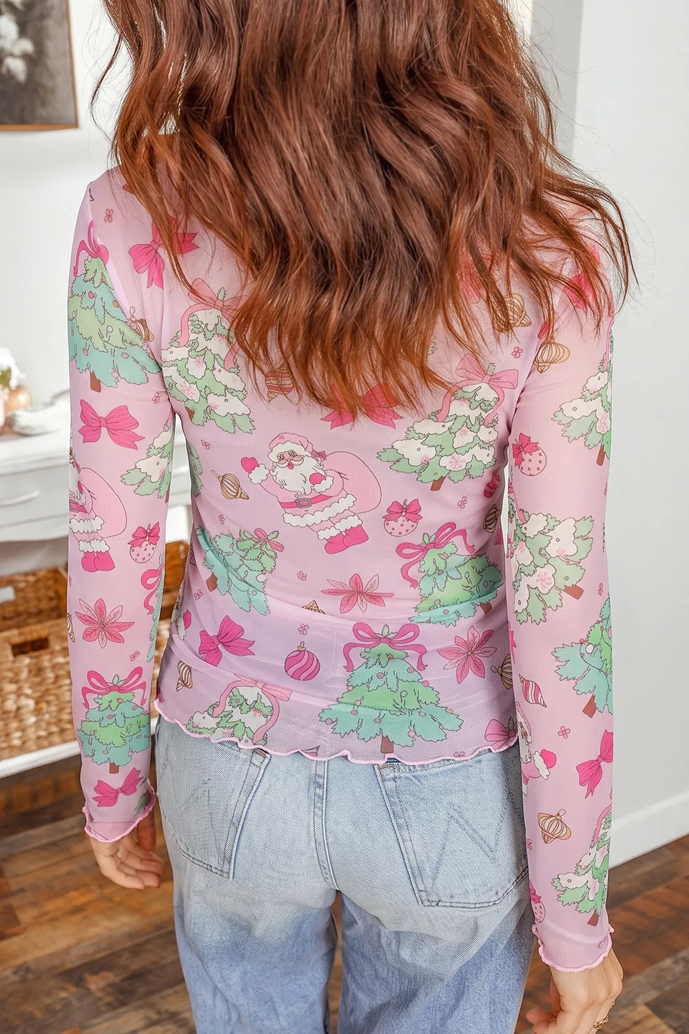 Christmas Print Sheer Mesh Slim Fit Long Sleeve Top, image 2