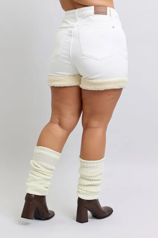 Full Size High Waist Shearling Cuff Denim Shorts Plus Size, image 5