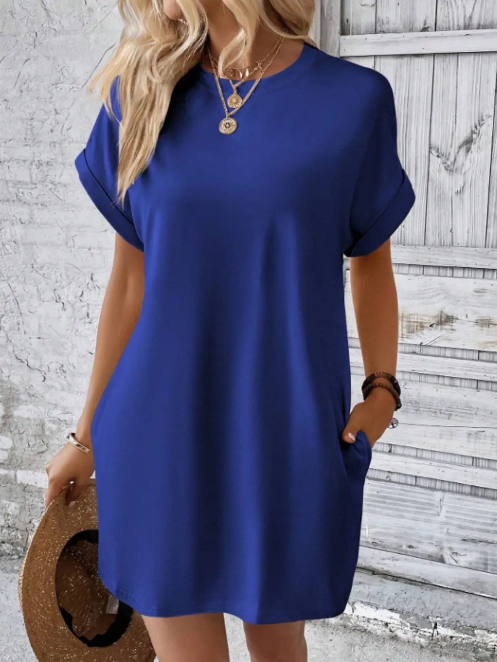 Round Neck Short Sleeve Mini Tee Dress with Pockets, image 14