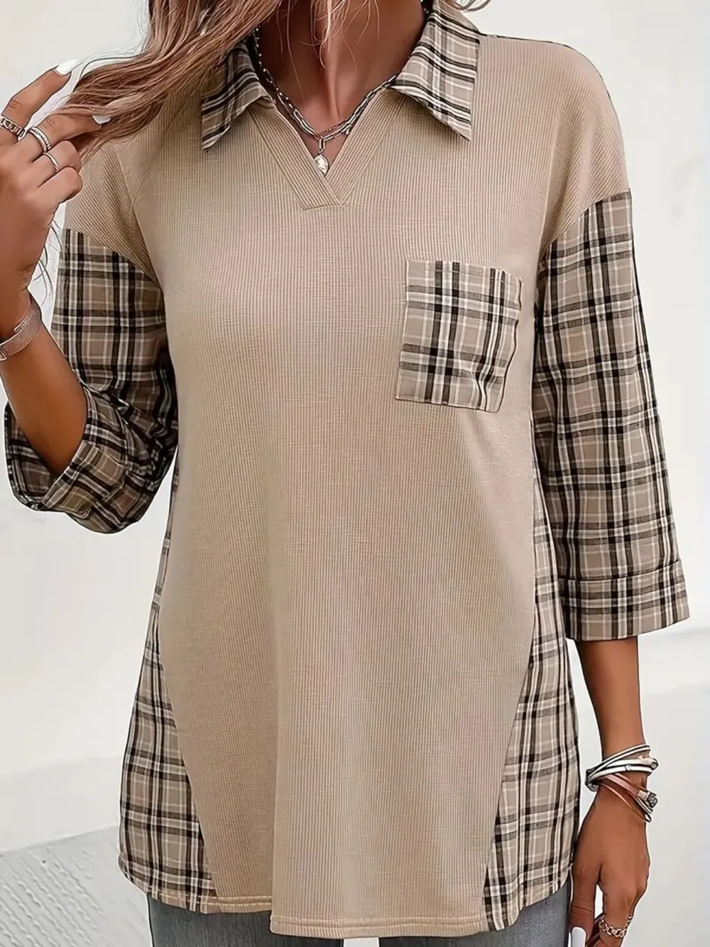 Plaid Johhny Collar Three-Quarter Sleeve T-Shirt, image 3