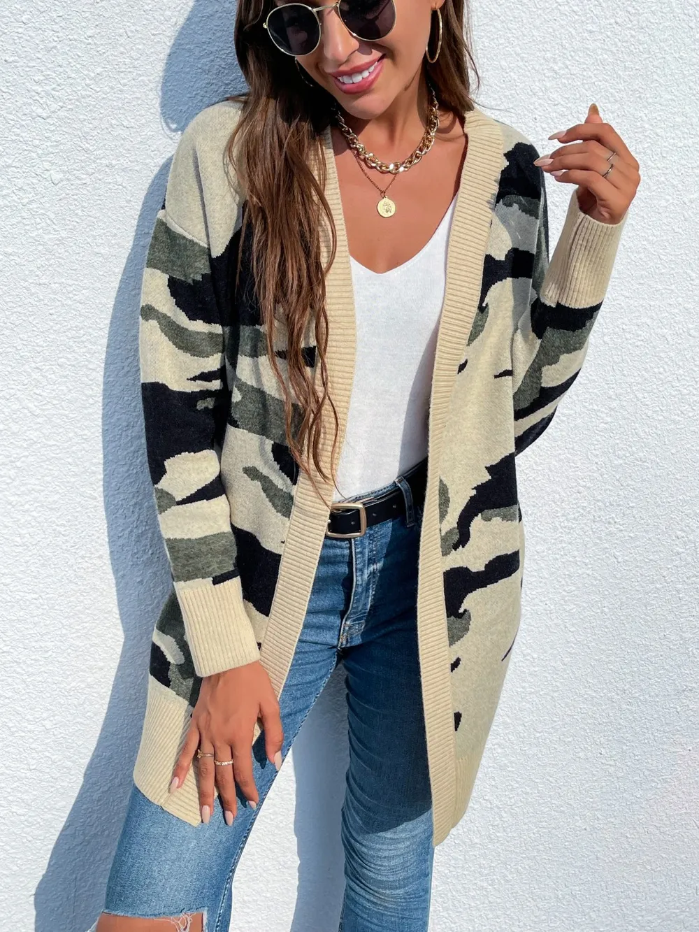 Camouflaged Dropped Shoulder Open Front Cardigan, image 5