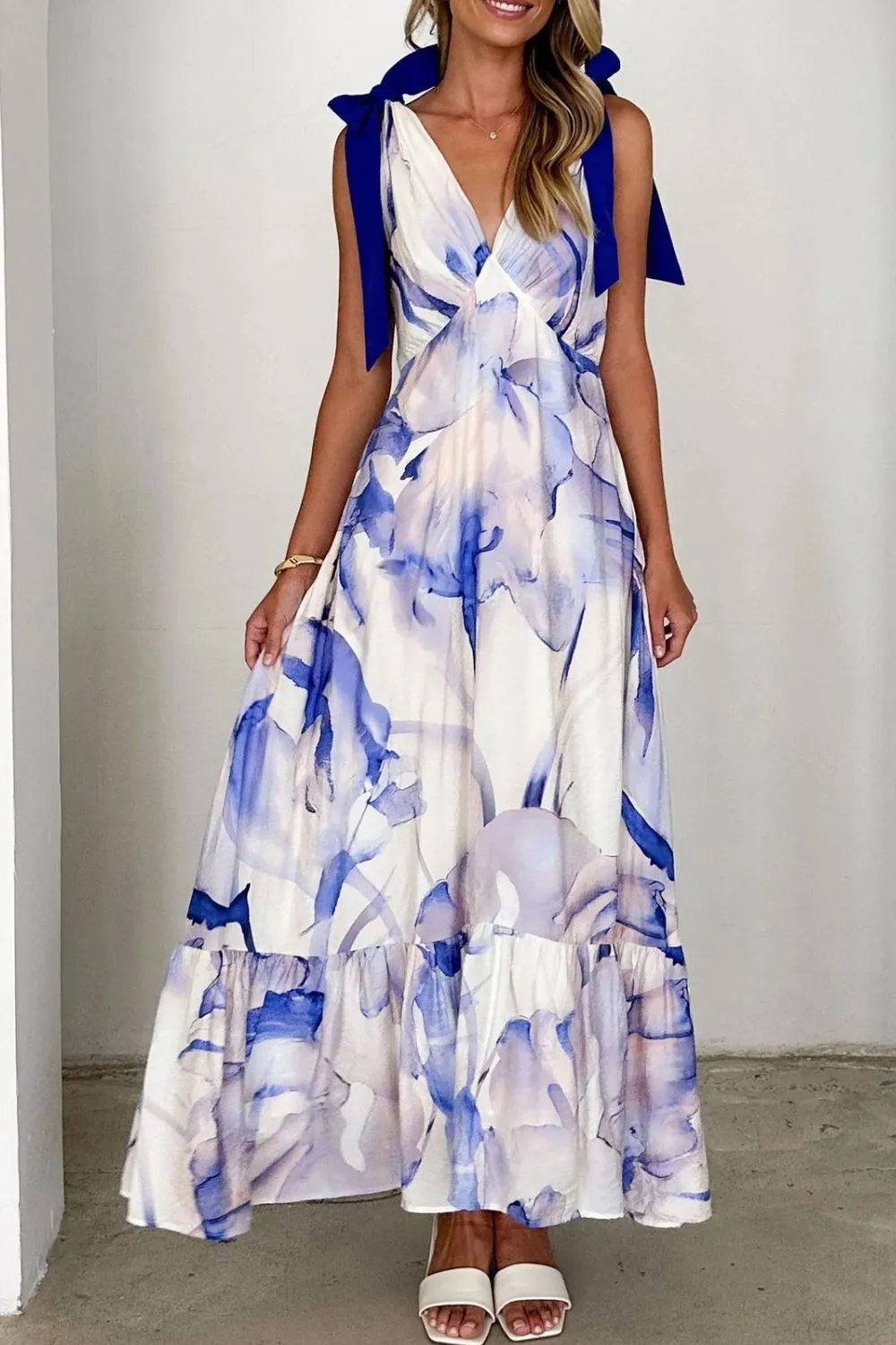 Printed V-Neck Tie Shoulder Midi Cami Dress, image 15