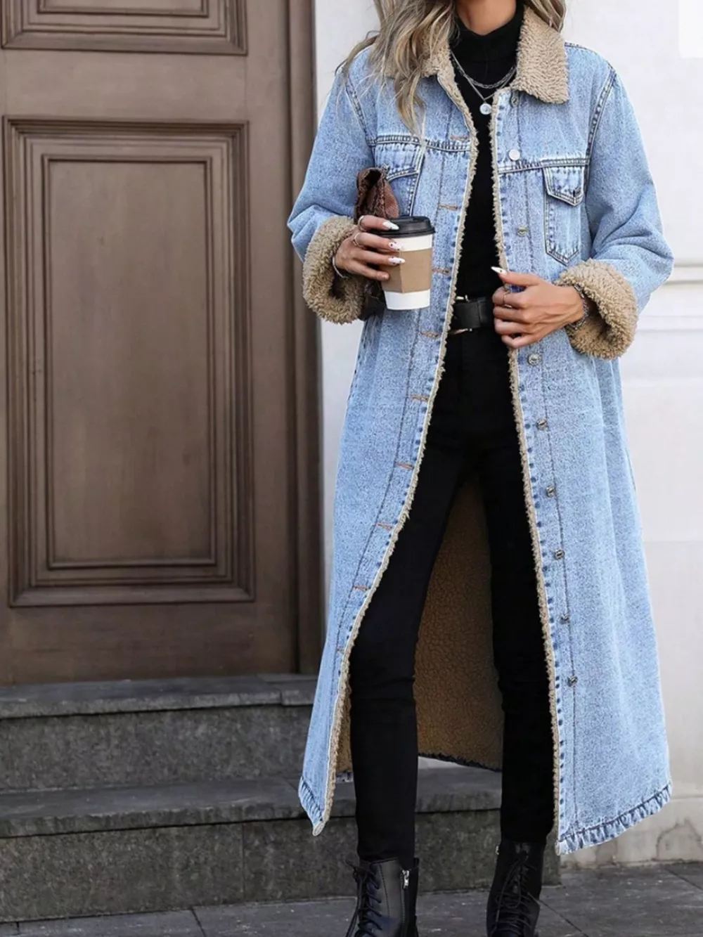 Sherpa Lined Longline Denim Jacket, image 17