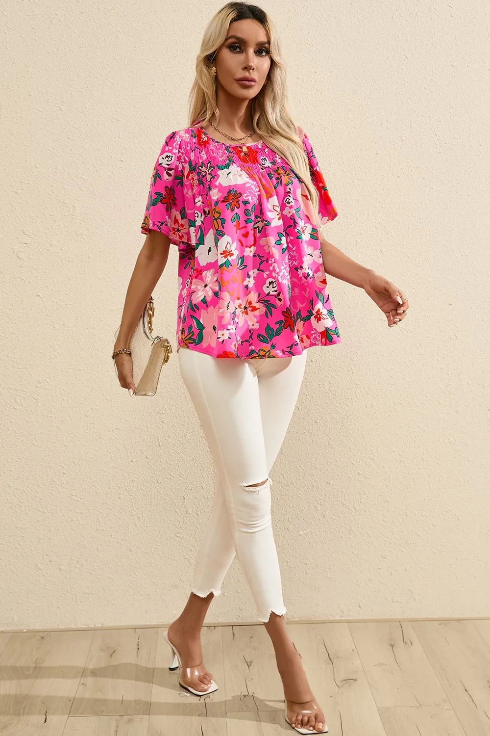 Smocked Printed Round Neck Half Sleeve Blouse, image 5