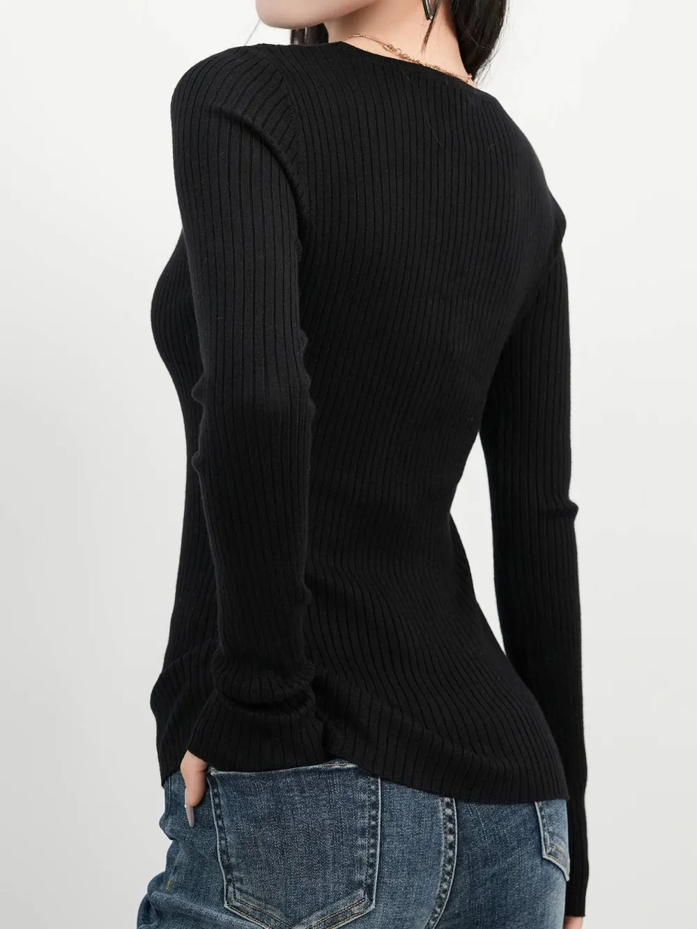 Ribbed V-Neck Long Sleeve Sweater, image 6