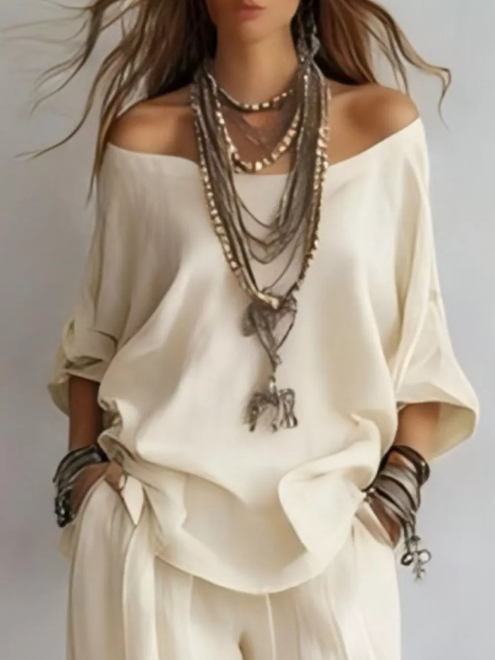 Off-Shoulder Loose Fit Top and Pants Two-Piece Set, image 6