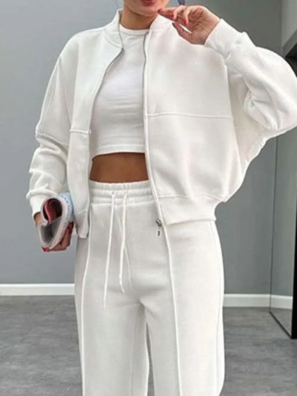 Baseball Collar Zip Up Outerwear and Drawstring Pants Set, image 17