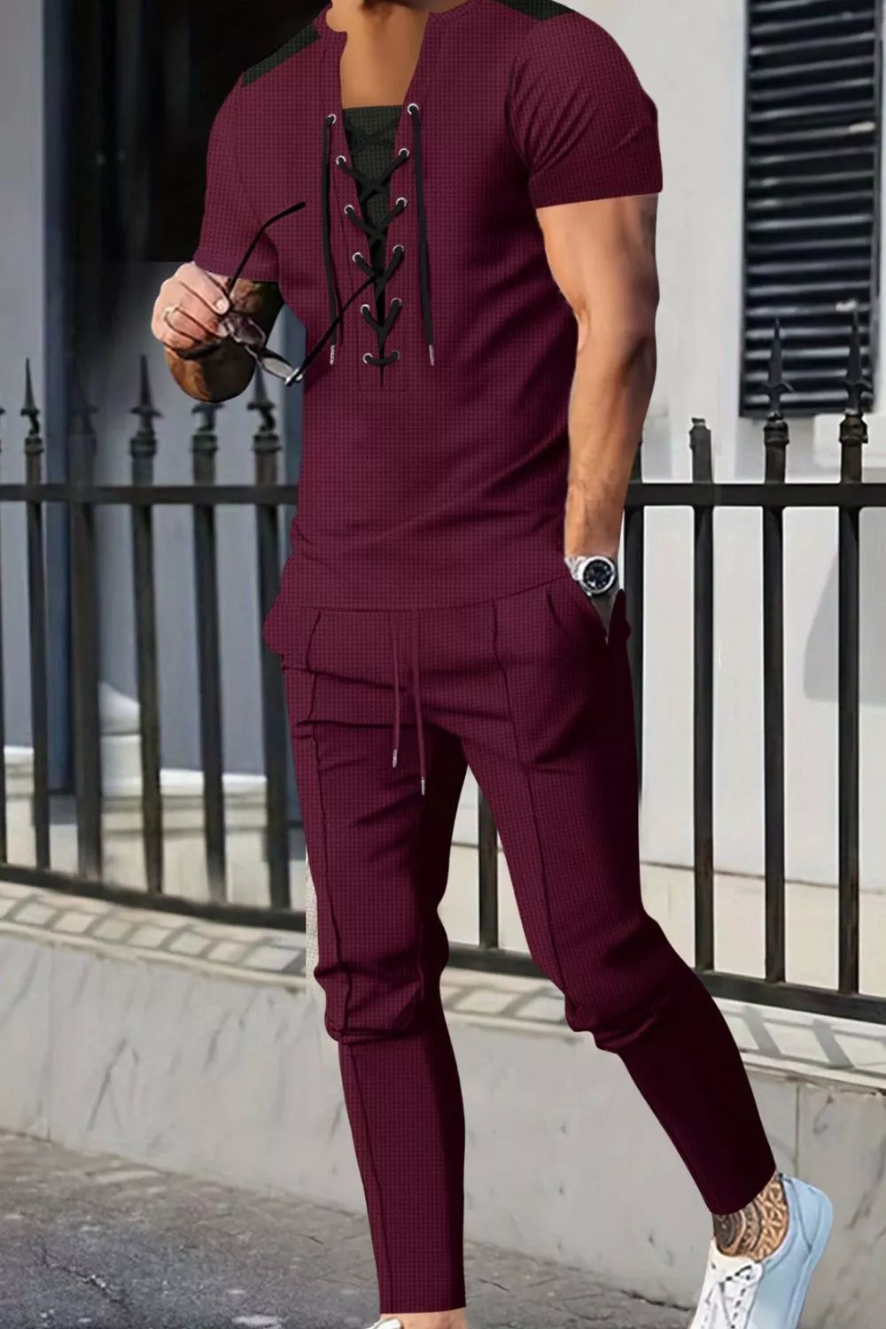 Men's Full Size Lace-Up Front Top and Pants Casual Set Plus Size, image 7