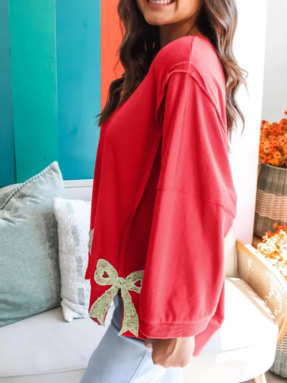 Floral Bow Patched Exposed Seam Patchwork Slit Baggy Sweatshirt, image 2
