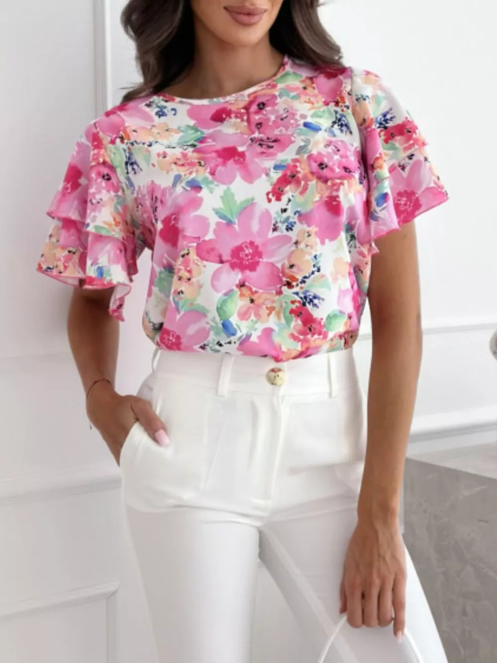 Floral Print Ruffle Sleeve Blouse, image 4