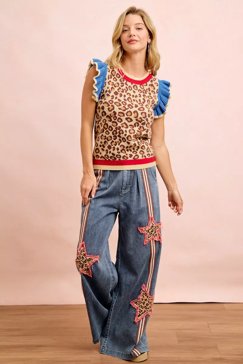 BiBi 4th Of July Leopard Ruffled Detail Knit Top, image 16