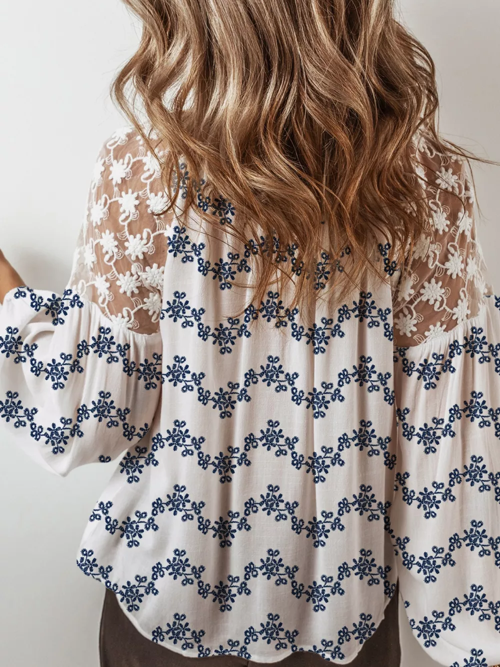 Printed Tie Neck Lace Long Sleeve Blouse, image 2