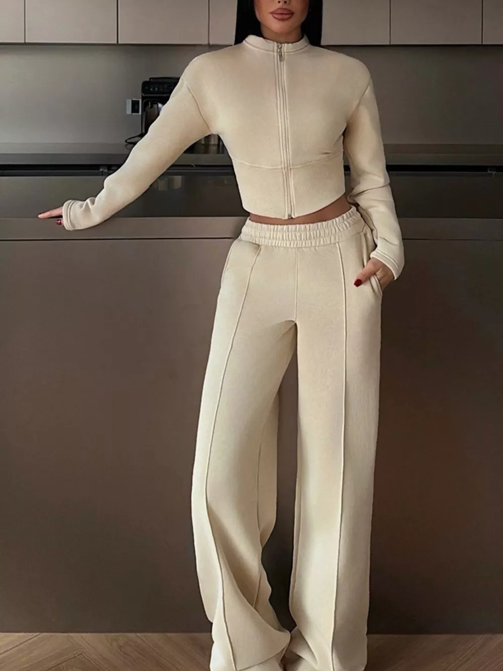 Zip-Up Crop Jacket and Wide-Leg Pants Set