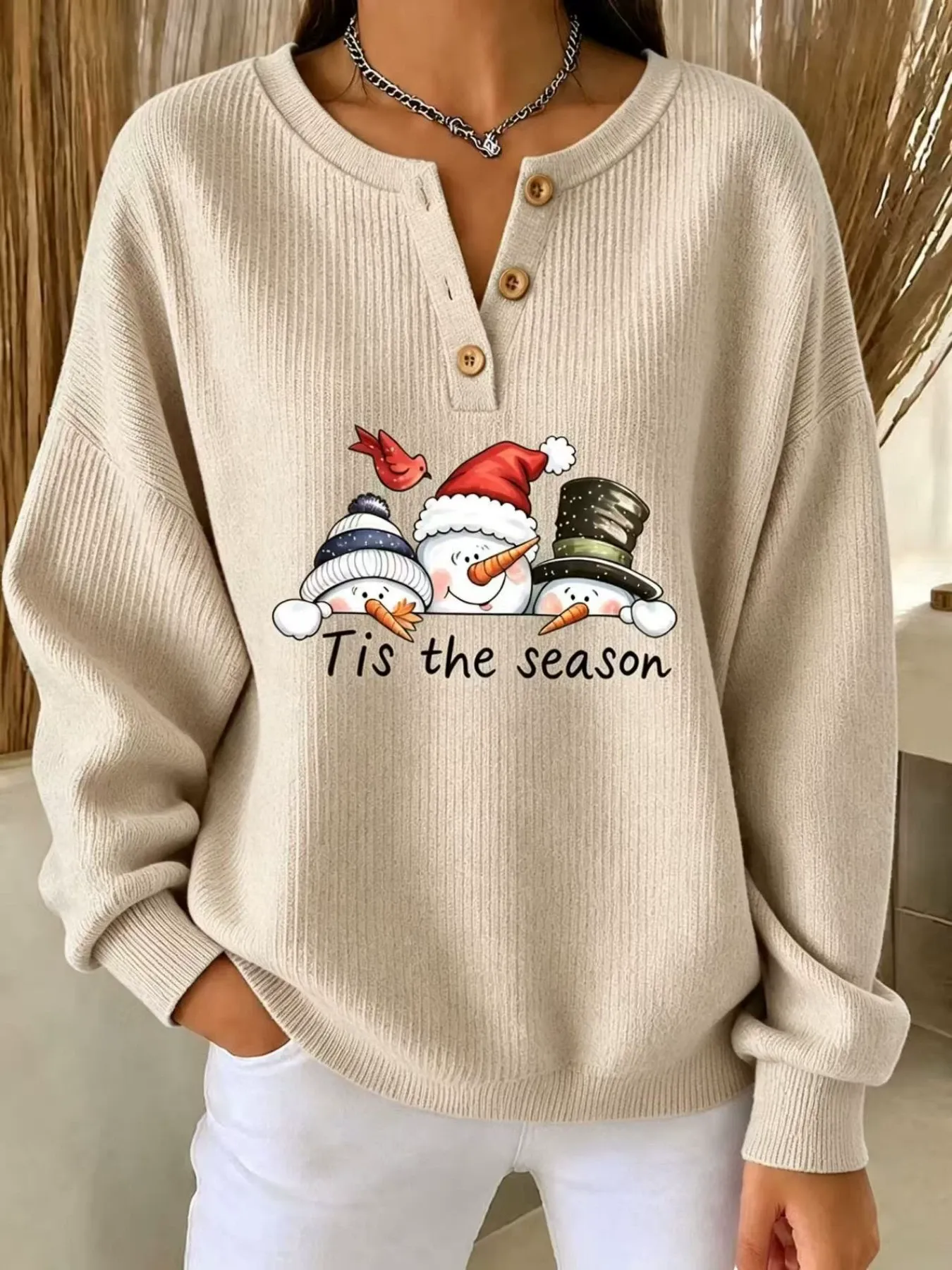 Full Size Christmas Themed Snowman Graphic Ribbed Henley Sweatshirt Plus Size, image 13