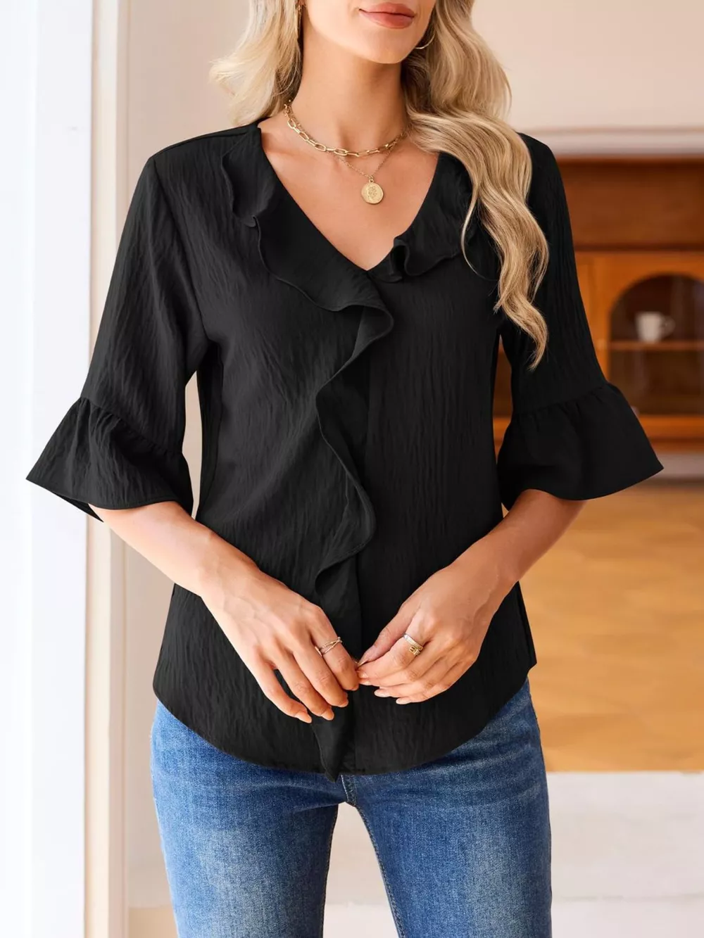 Ruffle Trim V-Neck Blouse, image 20