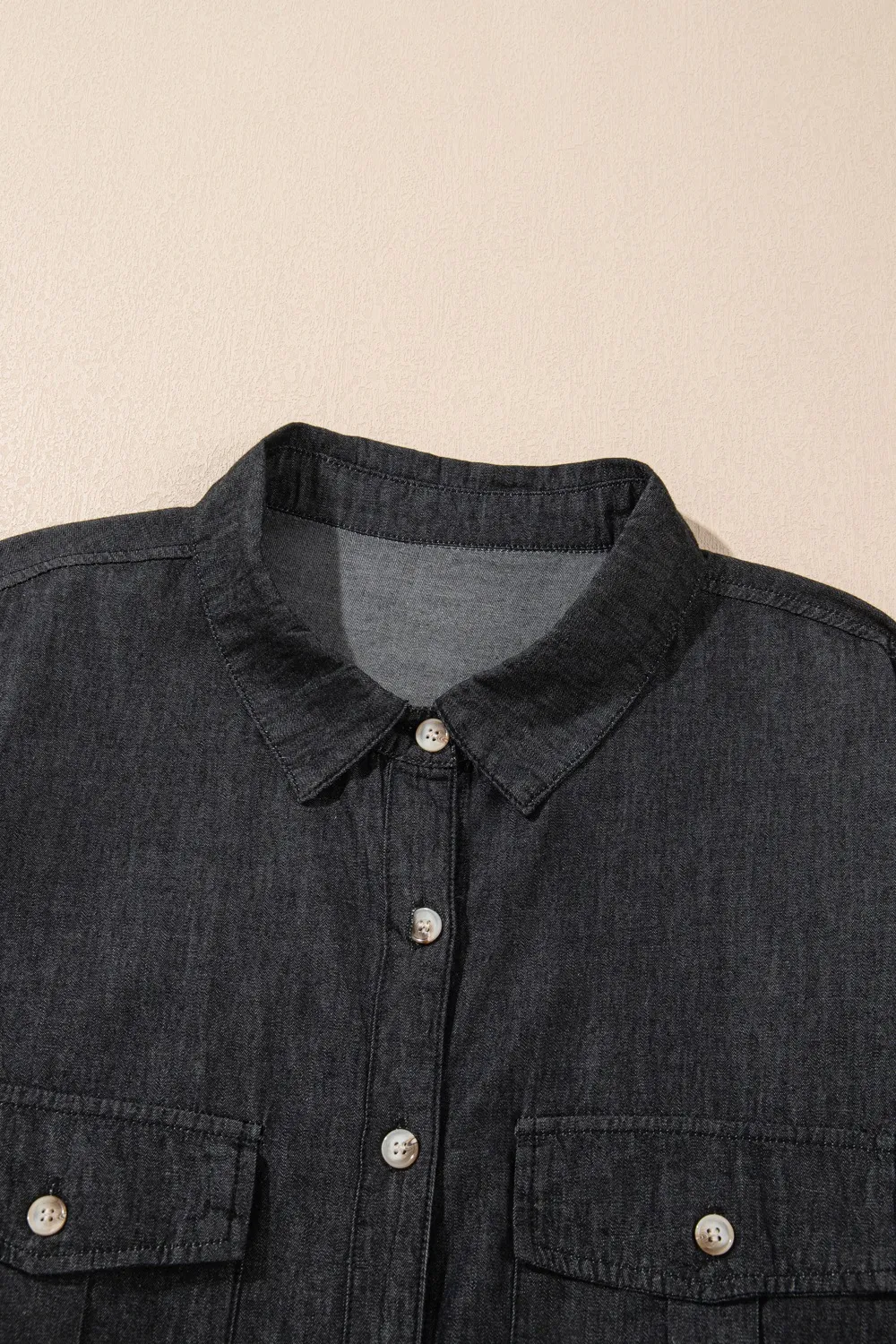 Pocketed Collared Neck Long Sleeve Denim Top, image 9