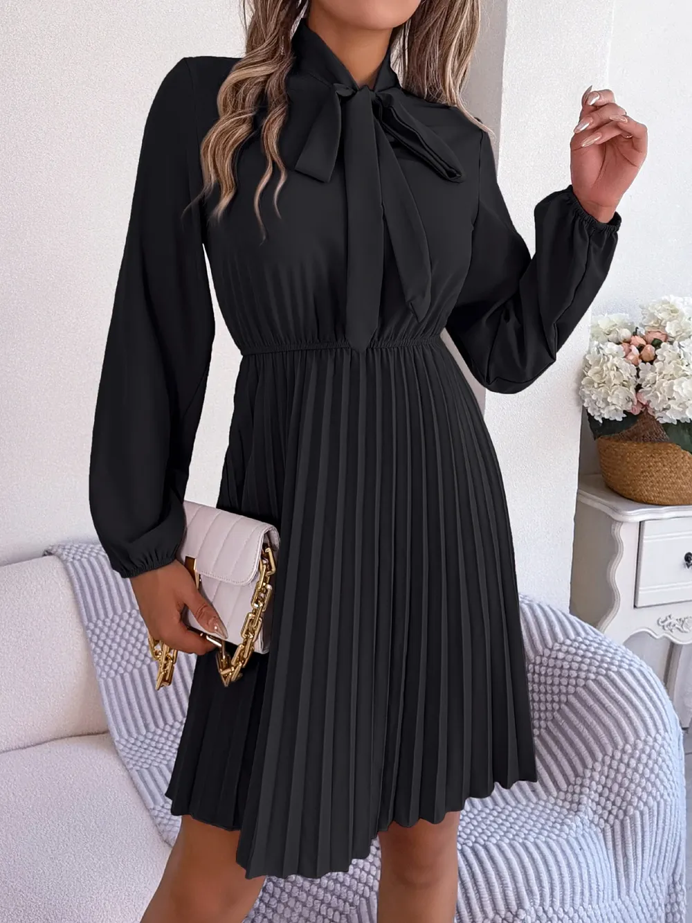Tie Neck Balloon Sleeve Pleated Dress, image 18
