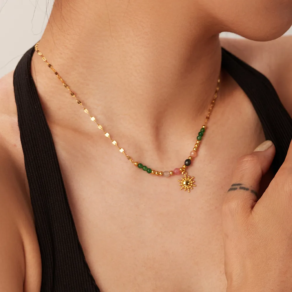 Bohemian Sun Charm Beaded Stainless Steel Necklace, image 5