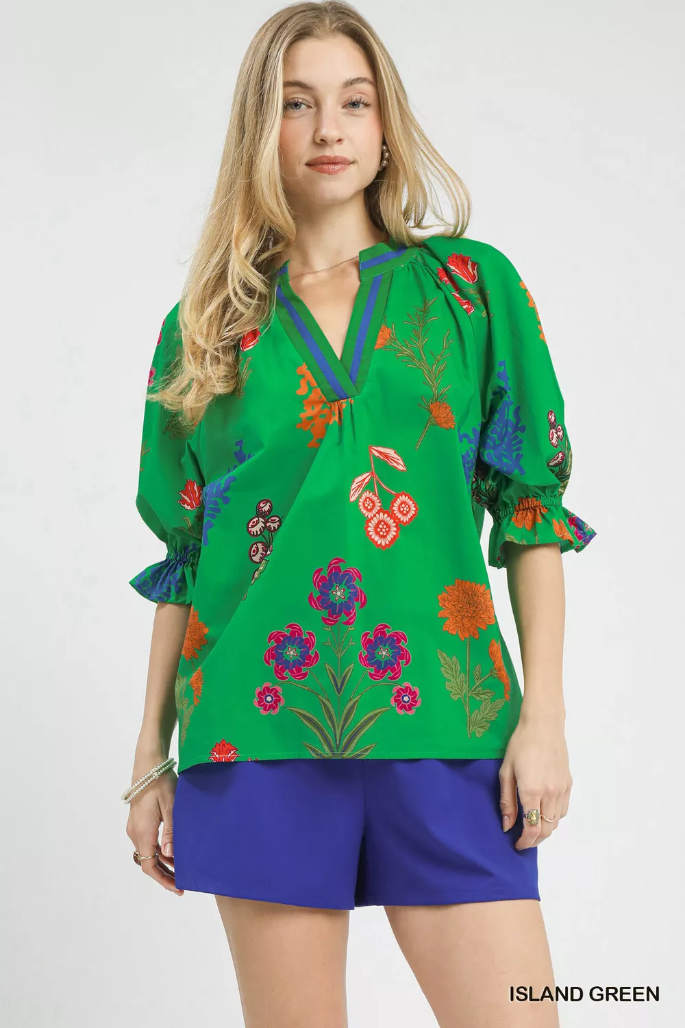Floral Split Neck Puff Sleeve Top