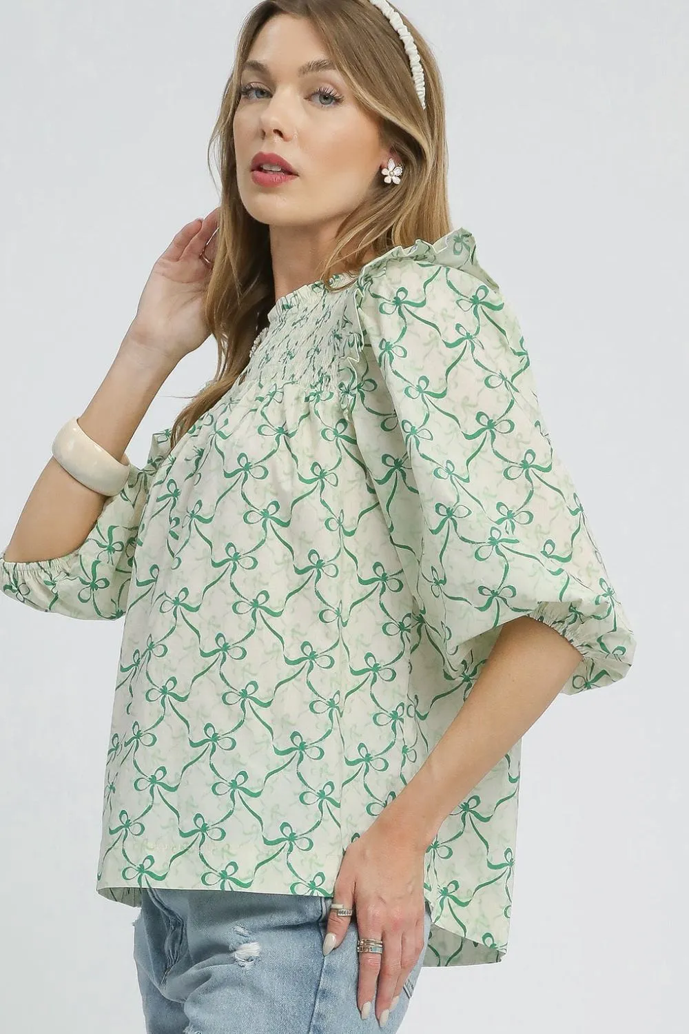 Ruffled Bow Print Notched Blouse, image 3
