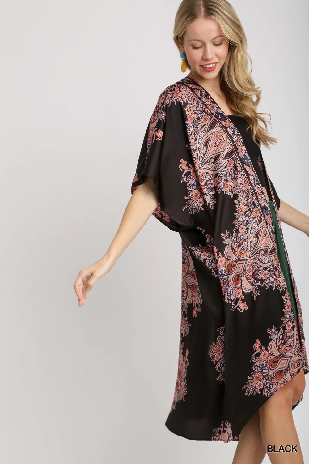 Satin Border Print Short Sleeve Open Front Kimono, image 3