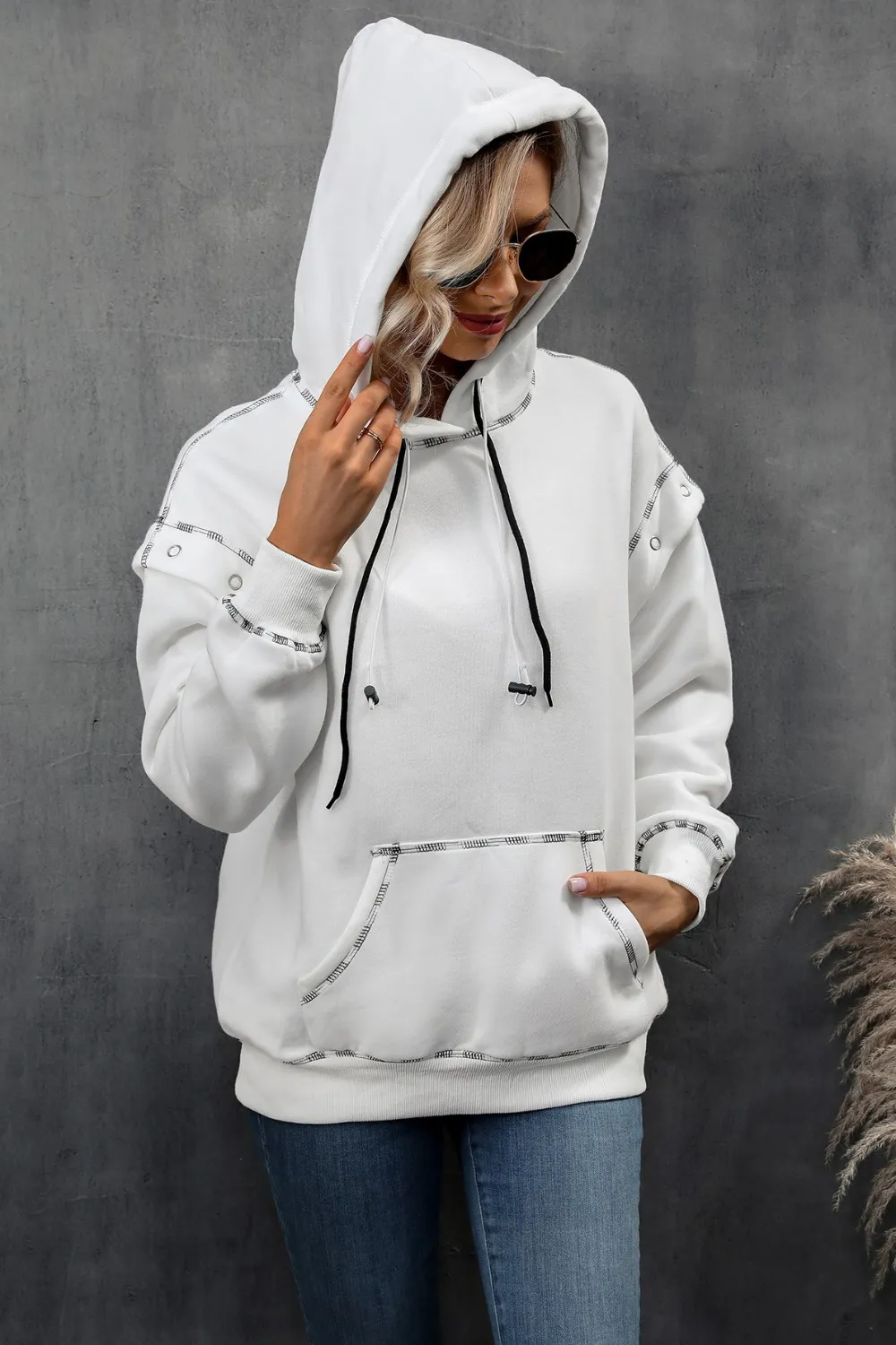 Drawstring Kangaroo Pocket Dropped Shoulder Hoodie, image 4