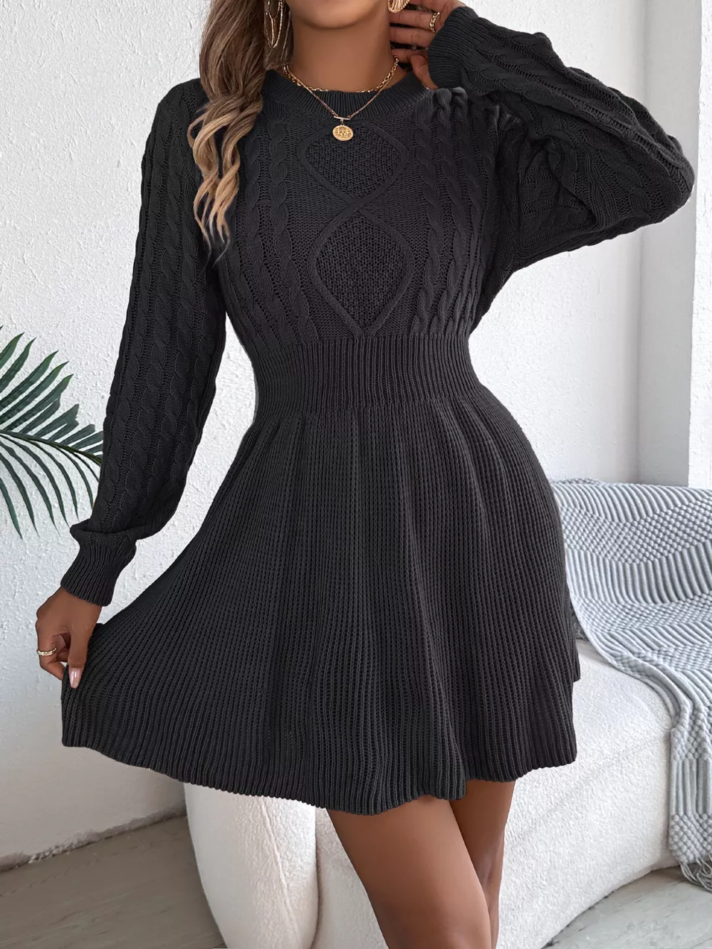 Cable Knit Long Sleeve Sweater Dress, image 9