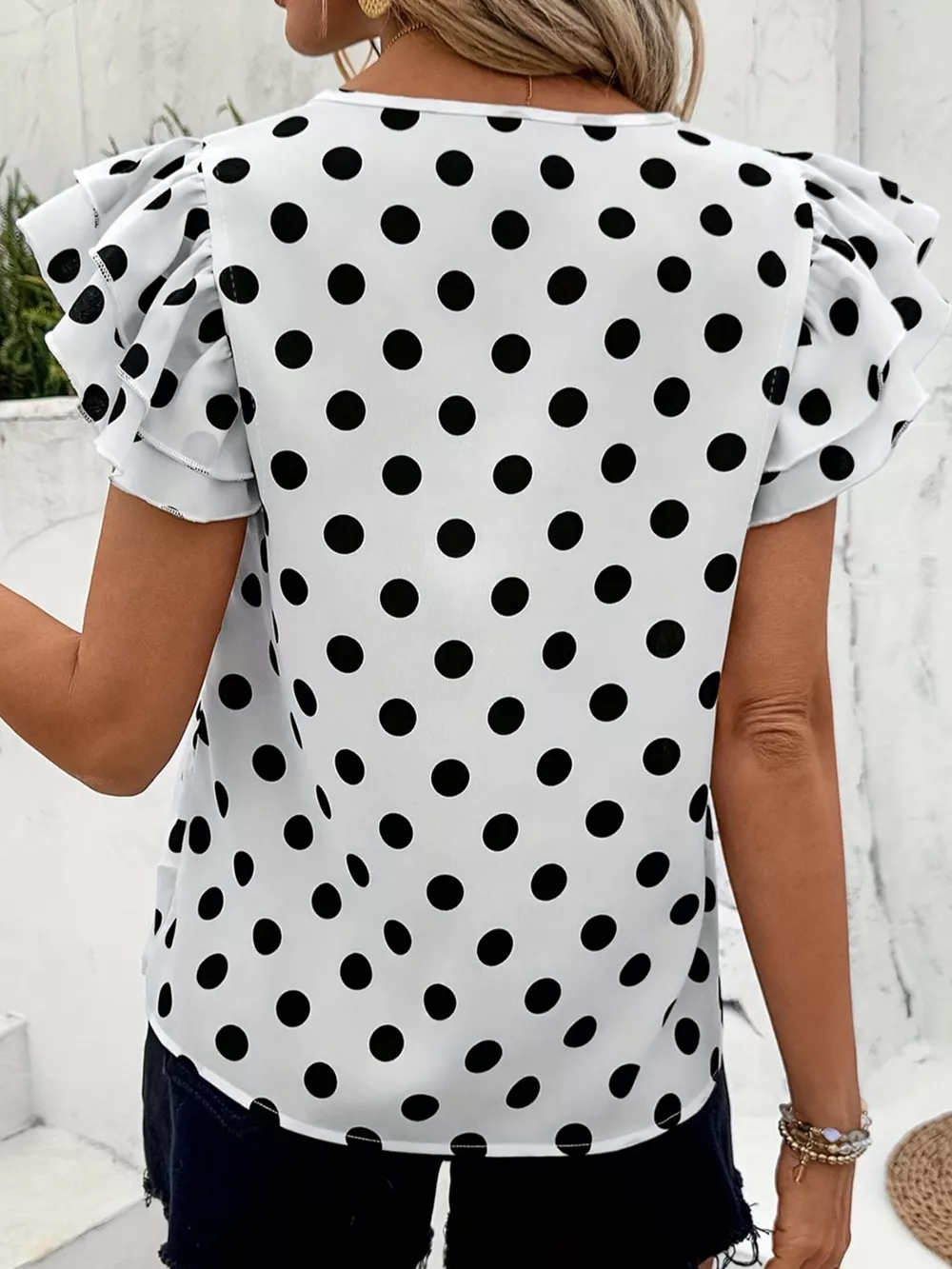 Polka Dot Print Ruffled Short Sleeve Blouse, image 3