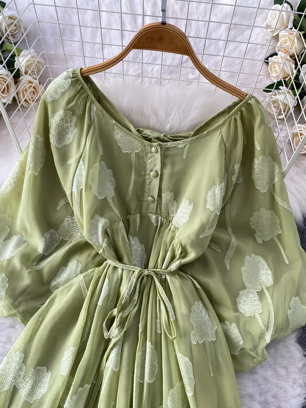 Button Front Puff Sleeve Chiffon Dress, image 15