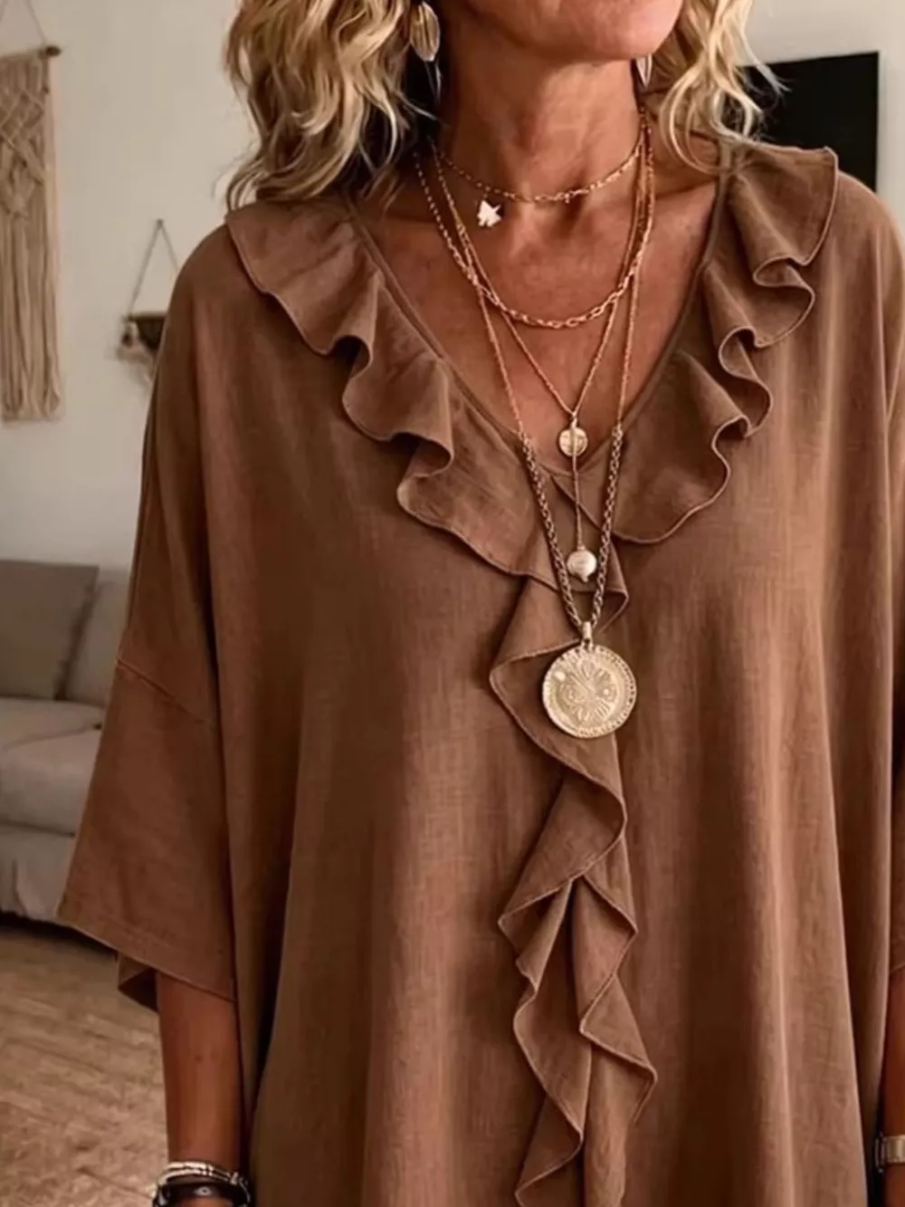 Full Size Ruffle V-Neck 3/4 Sleeve Blouse Plus Size, image 8