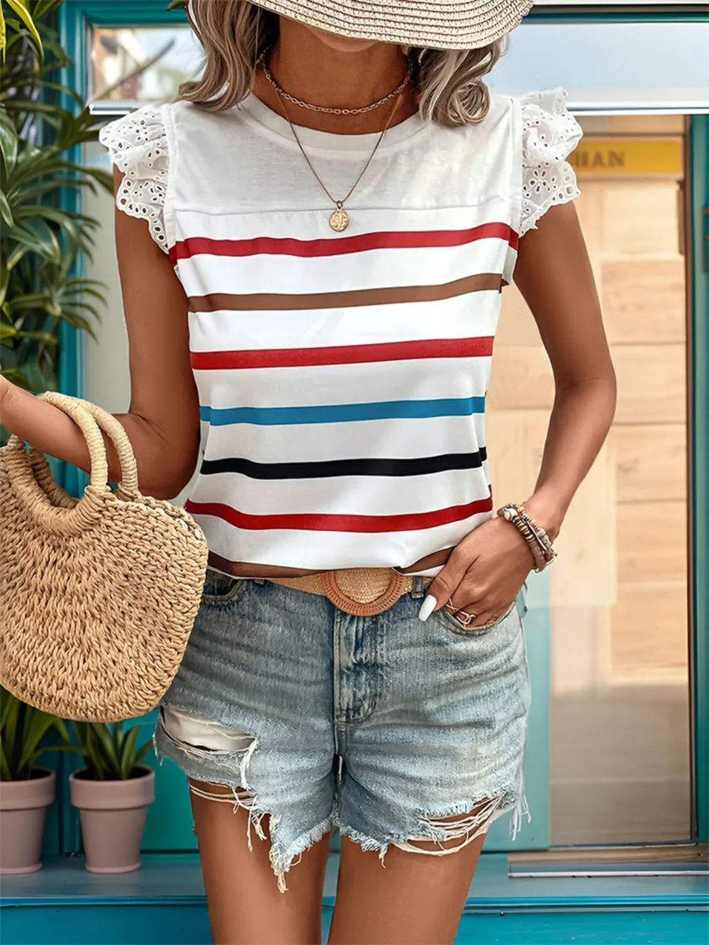Striped Round Neck Cap Sleeve T-Shirt, image 7