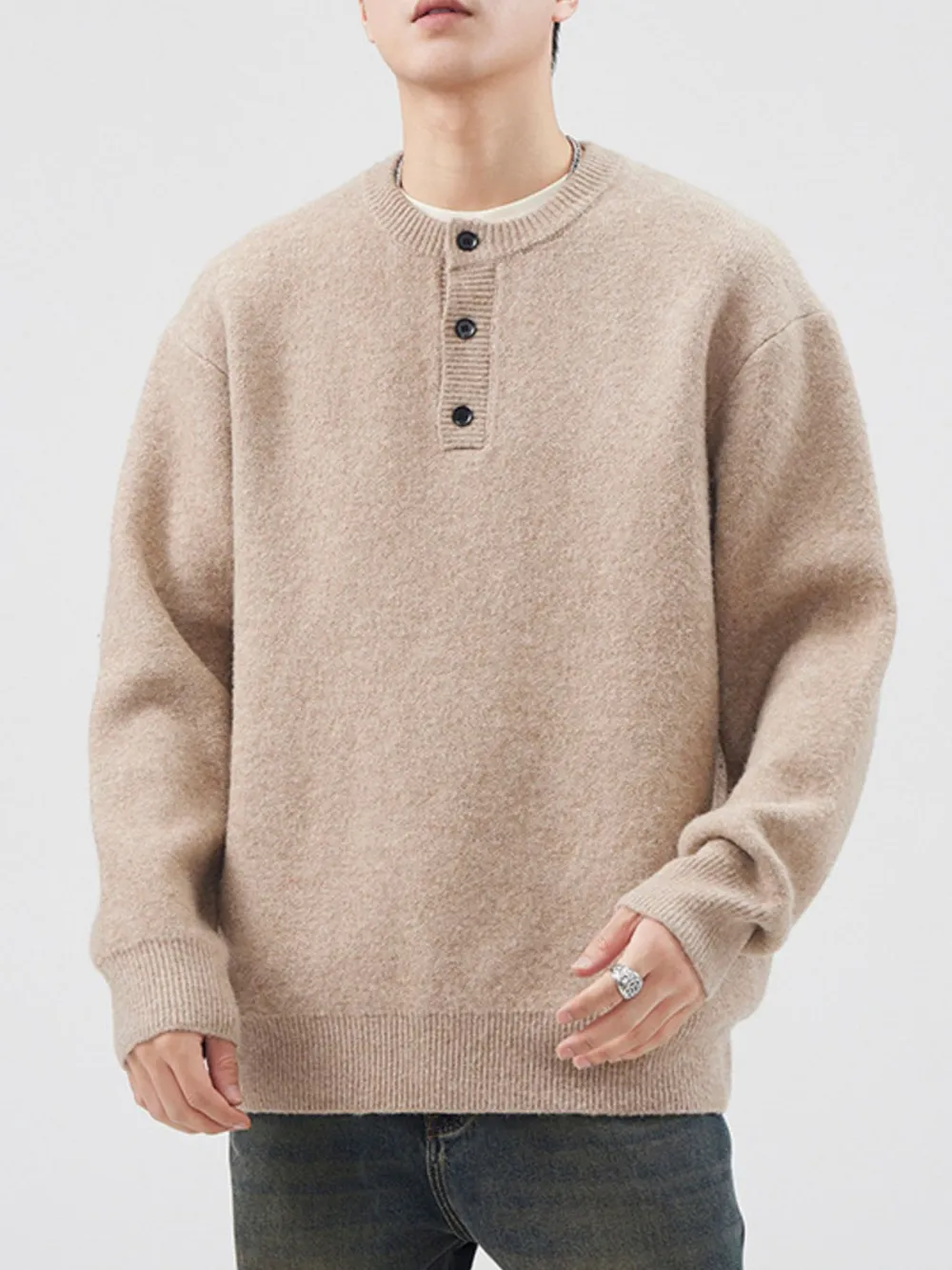 Men's Plus Size Button Detail Ribbed Hem Sweater, image 10